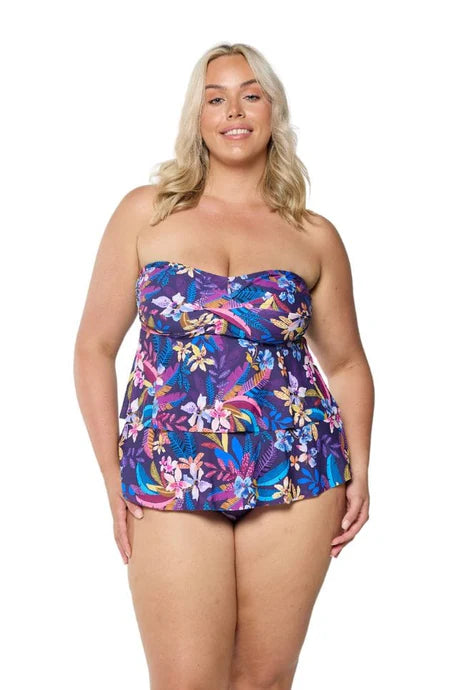 Flattering Majorca bandeau tiered tankini top with double frill detail, twist front, and adjustable straps for bust support and tummy coverage.
