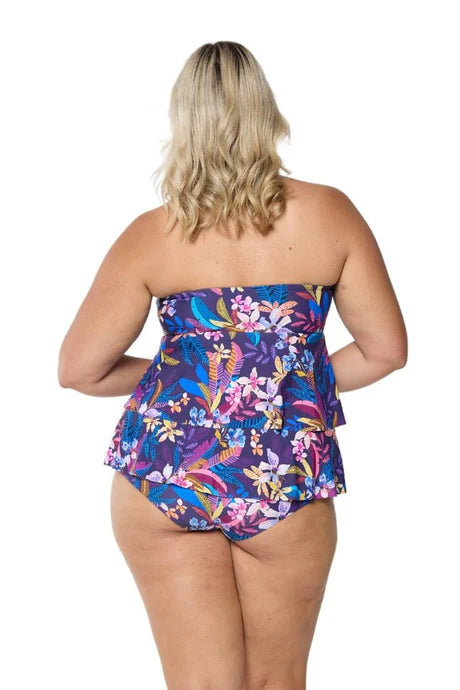 Flattering Majorca bandeau tiered tankini top with double frill detail, twist front, and adjustable straps for bust support and tummy coverage.

