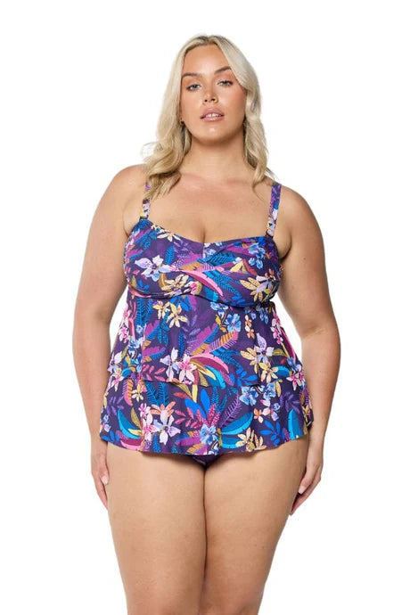 Flattering Majorca bandeau tiered tankini top with double frill detail, twist front, and adjustable straps for bust support and tummy coverage.
