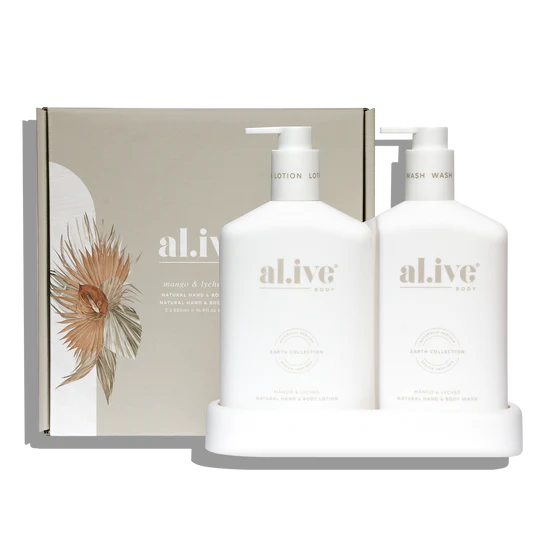 Alive Mango & Lychee Hand & Body Duo in Illuminated White featuring a 500ml hand and body wash and 500ml hand and body lotion in interlocking bottles with a matching tray.