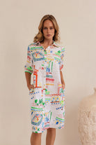 Kaleido Shirtmaker Dress in Marrakesh with a relaxed shirt-inspired silhouette, button-front closure, structured collar, and flowing midi hem.