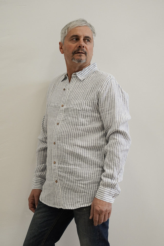 Powder blue striped Mark linen shirt with long sleeves, breathable fabric and a relaxed, classic fit.