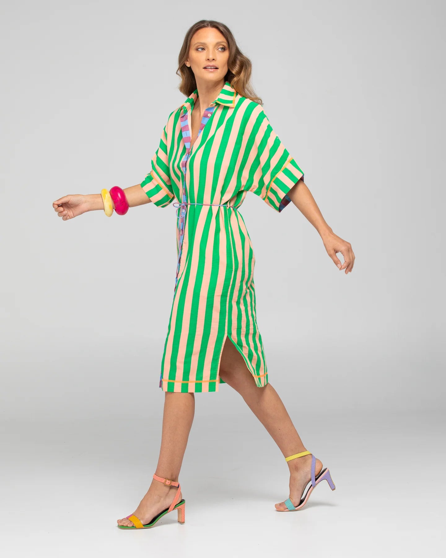 Boom Shankar Maui Shirt Dress in Capri Peach, featuring a belted waist, button-down front, structured collar, and adjustable sleeves.