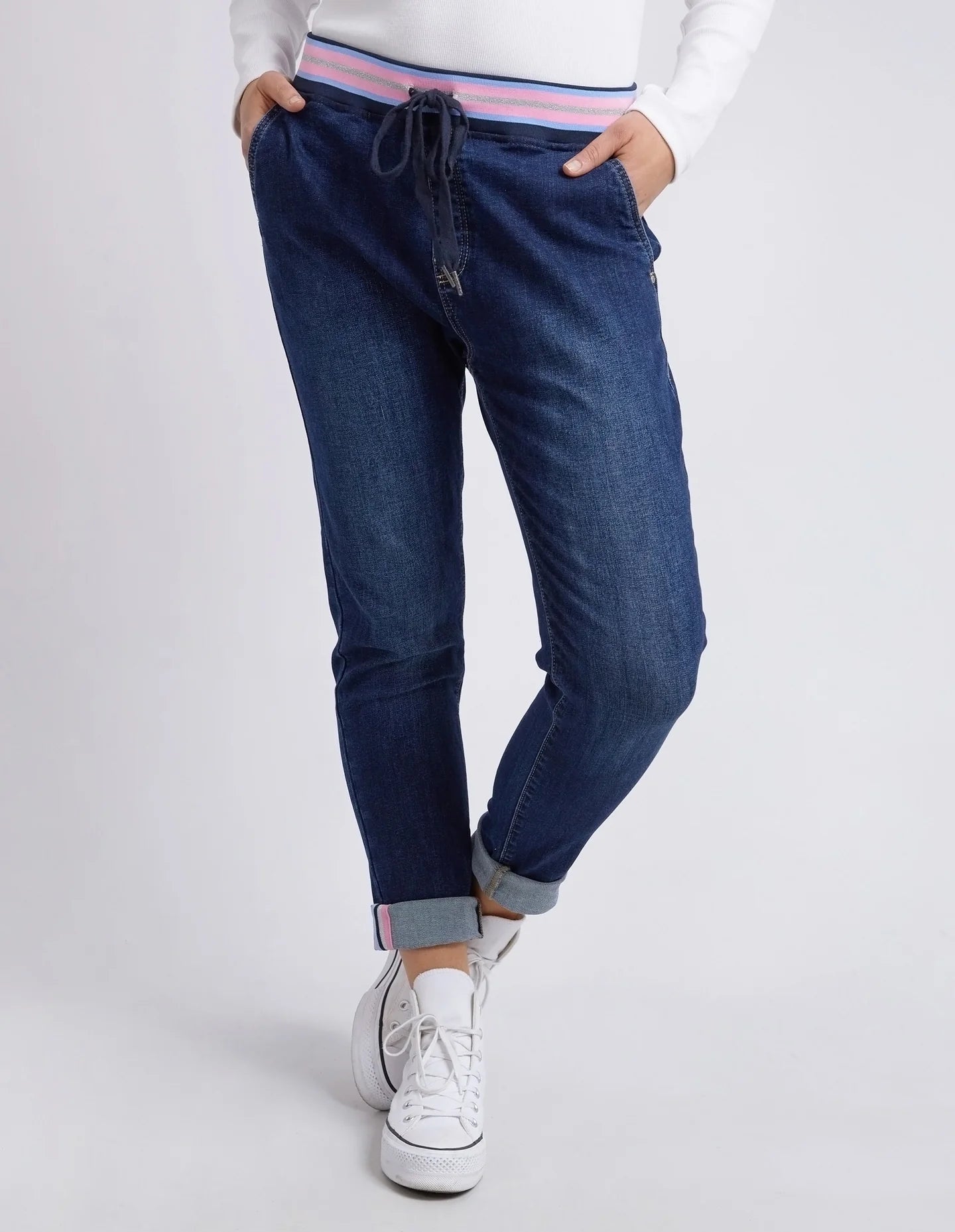 The Indigo Melody Denim Jogger by Elm is currently available at Rawspice Boutique.