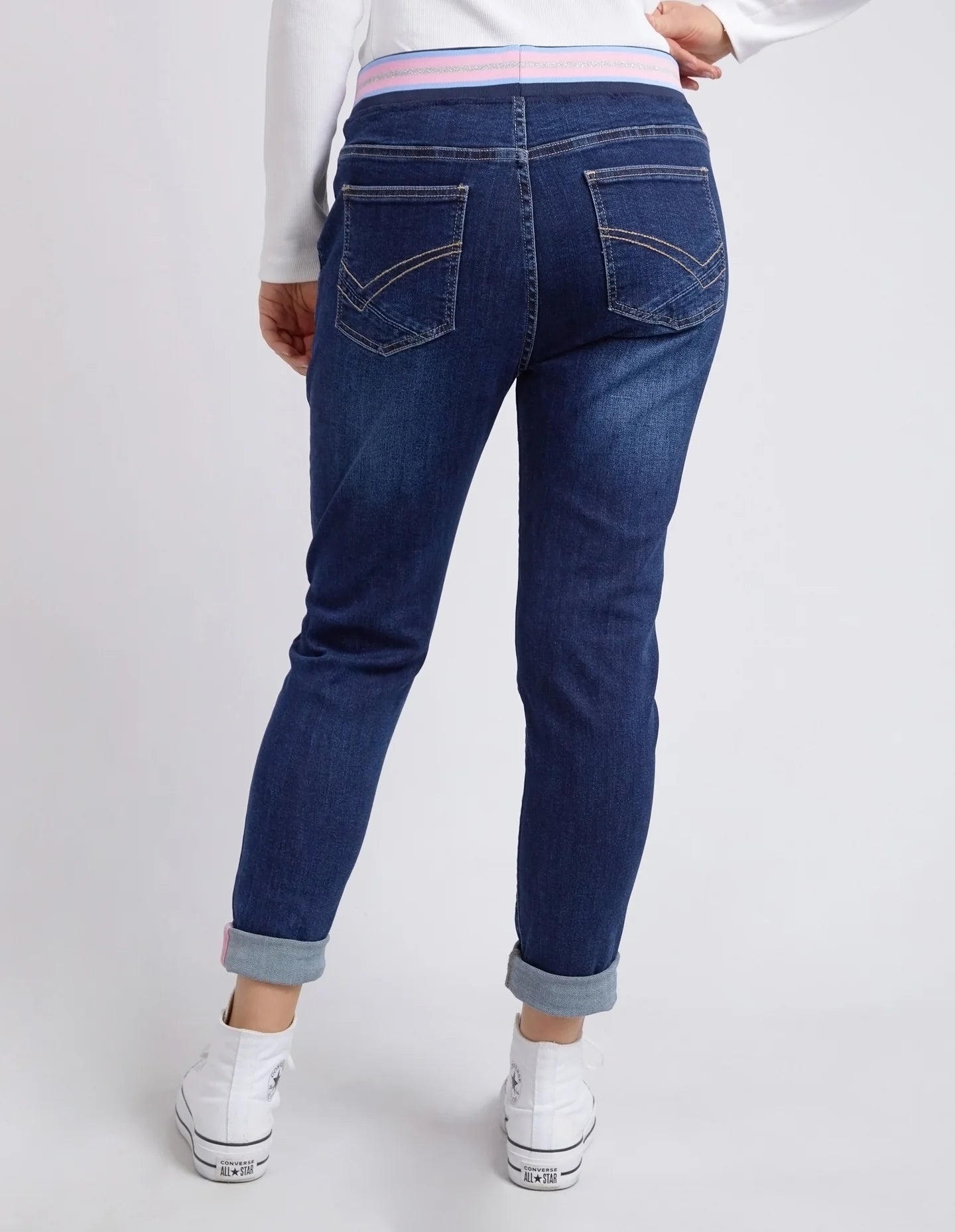 The Indigo Melody Denim Jogger by Elm is currently available at Rawspice Boutique.