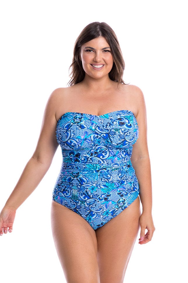 The Mermaid Twist Front Bandeau One Piece by Capriosca is currently available at Rawspice Boutique.