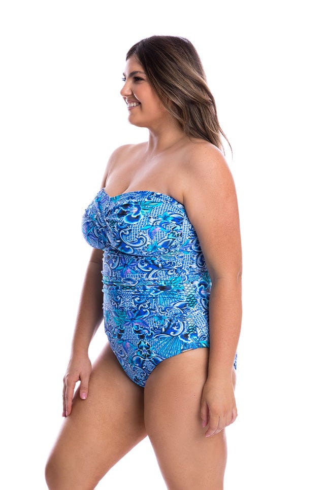 The Mermaid Twist Front Bandeau One Piece by Capriosca is currently available at Rawspice Boutique.