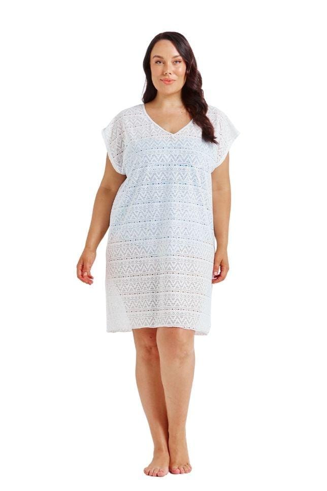 White Mesh Beach Cover-Up – lightweight, knee-length kaftan with a V-neckline and capped sleeves, perfect for layering over swimwear on holiday.