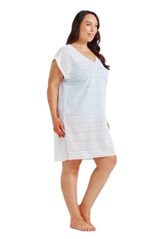 White Mesh Beach Cover-Up – lightweight, knee-length kaftan with a V-neckline and capped sleeves, perfect for layering over swimwear on holiday.
