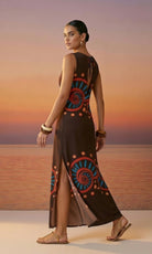 Nautilus Brown women's midi dress in satin crepe, featuring a warm brown Nautilus print, clean neckline and flattering, softly flowing silhouette.