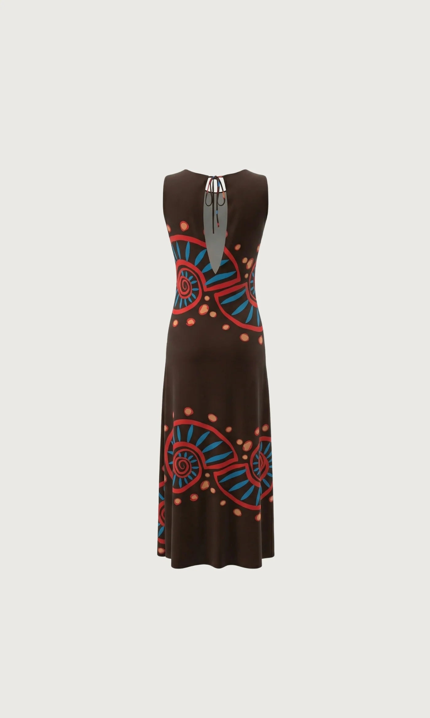 Nautilus Brown women's midi dress in satin crepe, featuring a warm brown Nautilus print, clean neckline and flattering, softly flowing silhouette.