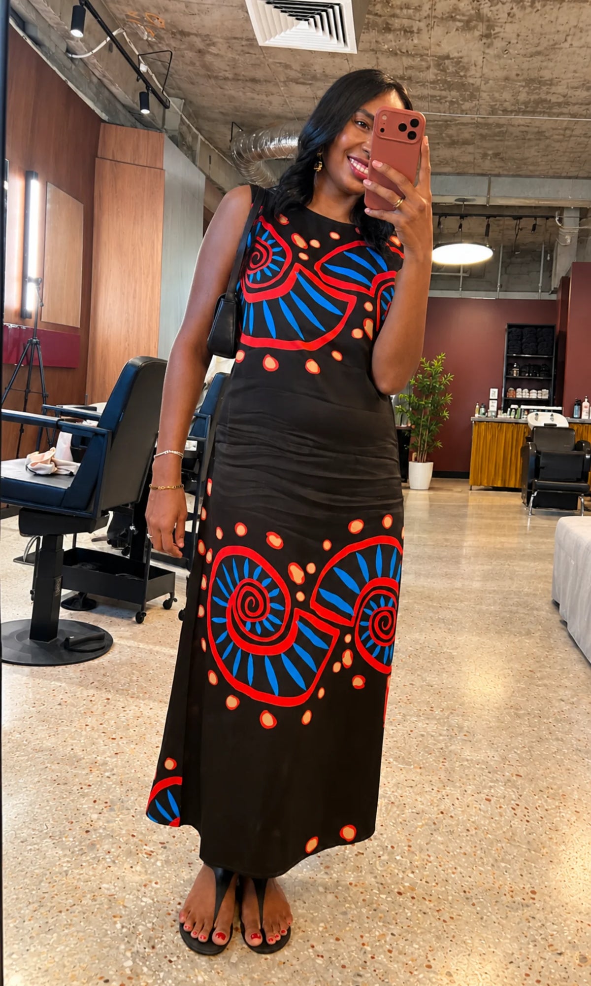 Nautilus Brown women's midi dress in satin crepe, featuring a warm brown Nautilus print, clean neckline and flattering, softly flowing silhouette.