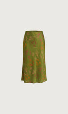 Women's Verdant Bias Midi Skirt in deep olive printed satin crepe, featuring a flattering bias cut, elegant midi length and softly flowing silhouette.