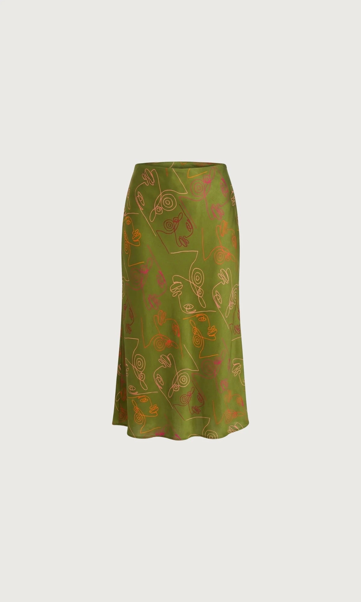 Women's Verdant Bias Midi Skirt in deep olive printed satin crepe, featuring a flattering bias cut, elegant midi length and softly flowing silhouette.