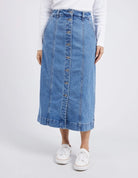 The Blue Florence Button Thru Denim Skirt Mid bu Elm is currently available at Rawspice Boutique.