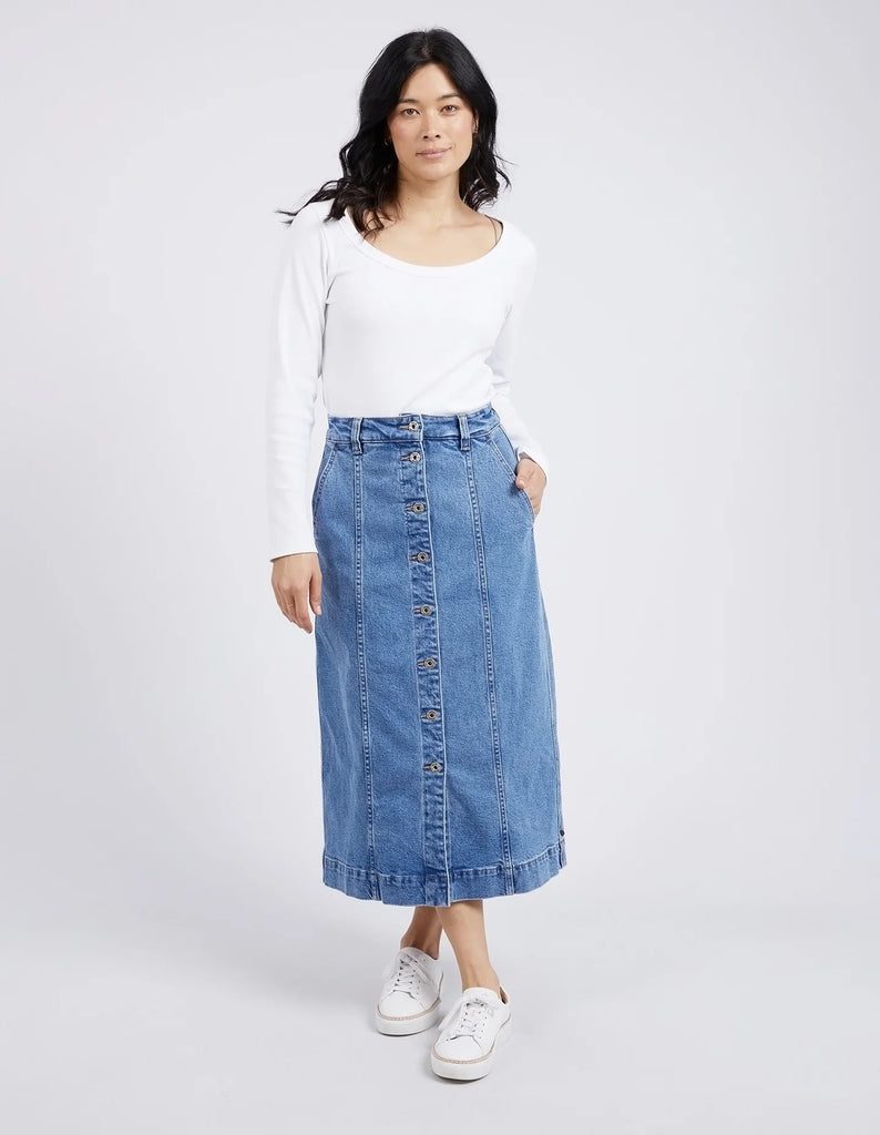 The Blue Florence Button Thru Denim Skirt Mid bu Elm is currently available at Rawspice Boutique.