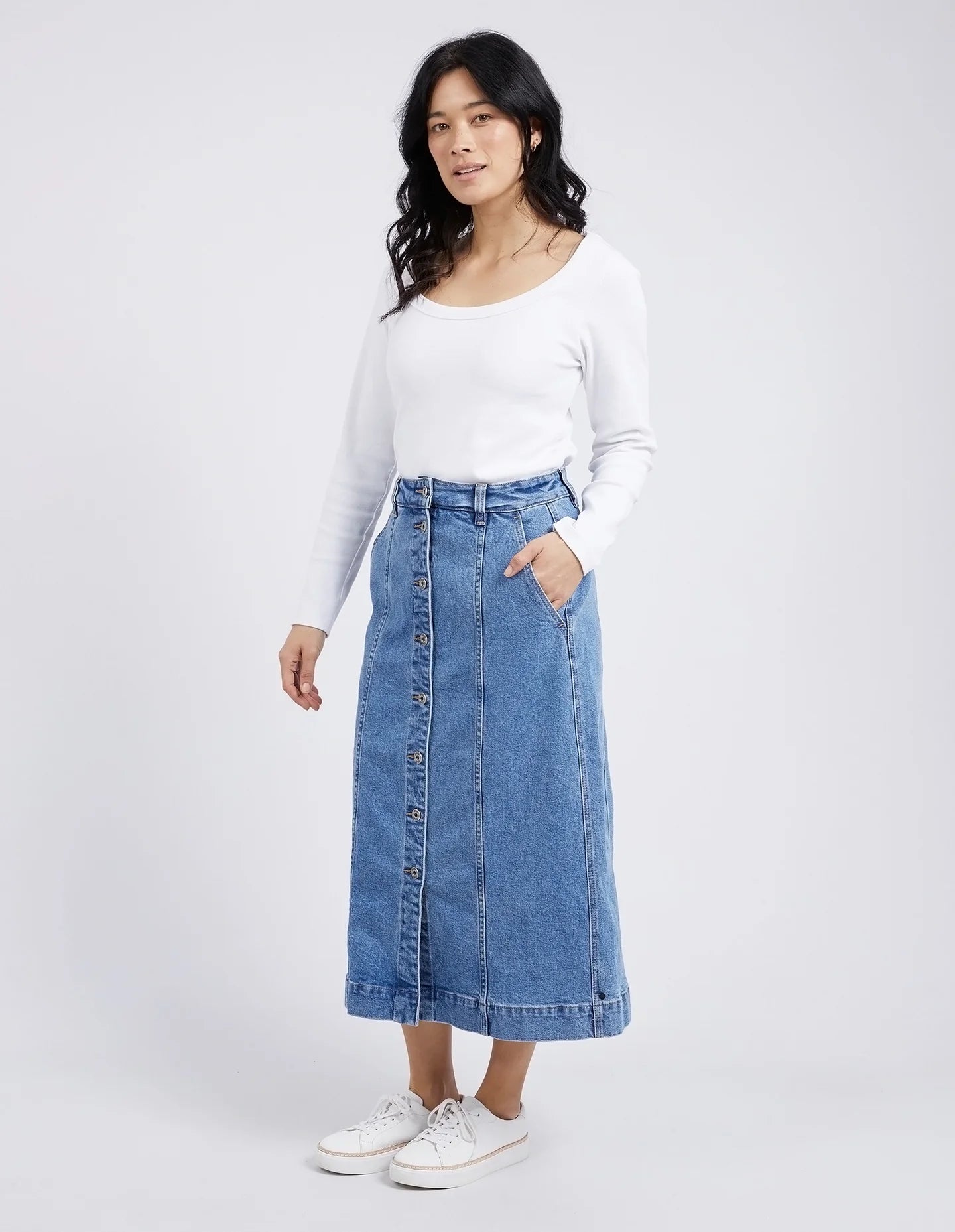 The Blue Florence Button Thru Denim Skirt Mid bu Elm is currently available at Rawspice Boutique.