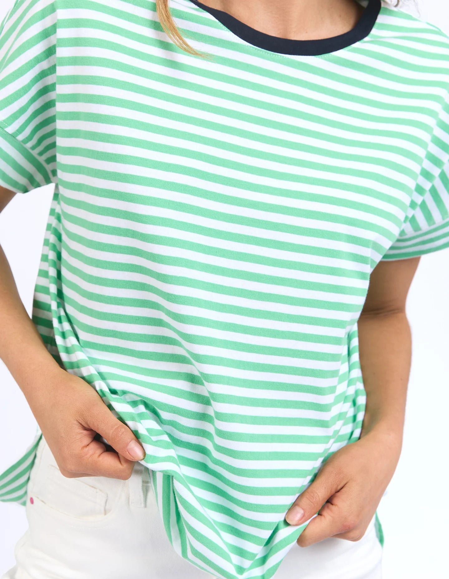 Neon mint, white, and navy striped Jarrah Tee by Elm with a relaxed fit, cuffed sleeves, and side splits, crafted from soft cotton jersey.