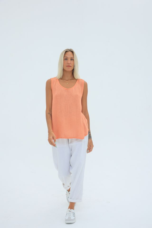 Nova Hessian Tank in papaya, handwoven cotton-rayon tank with scoop neckline and curved hem