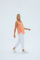 Nova Hessian Tank in papaya, handwoven cotton-rayon tank with scoop neckline and curved hem