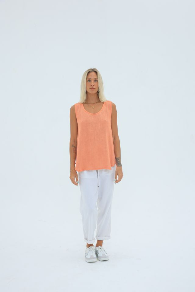 Nova Hessian Tank in papaya, handwoven cotton-rayon tank with scoop neckline and curved hem