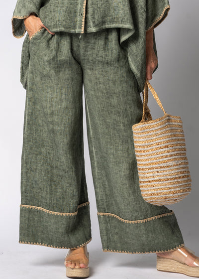 Khaki full-length linen pants made from 100% lightweight, breathable linen. Designed with an airy, relaxed cut for unrestricted movement and all-day comfort, offering a clean, timeless look suitable for warm-weather wear
