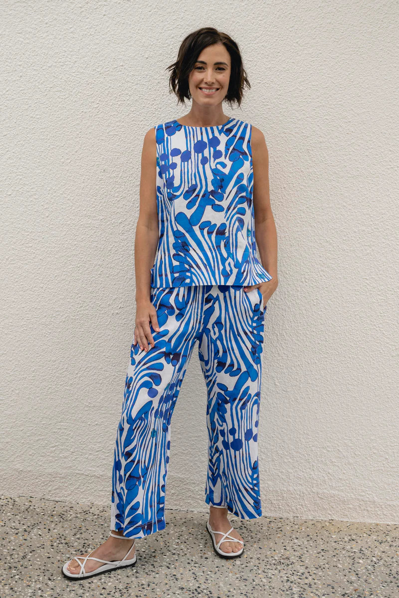 The Santorini Blue 7/8 Wide Leg Pants by See Saw are available at Rawspice Boutique.