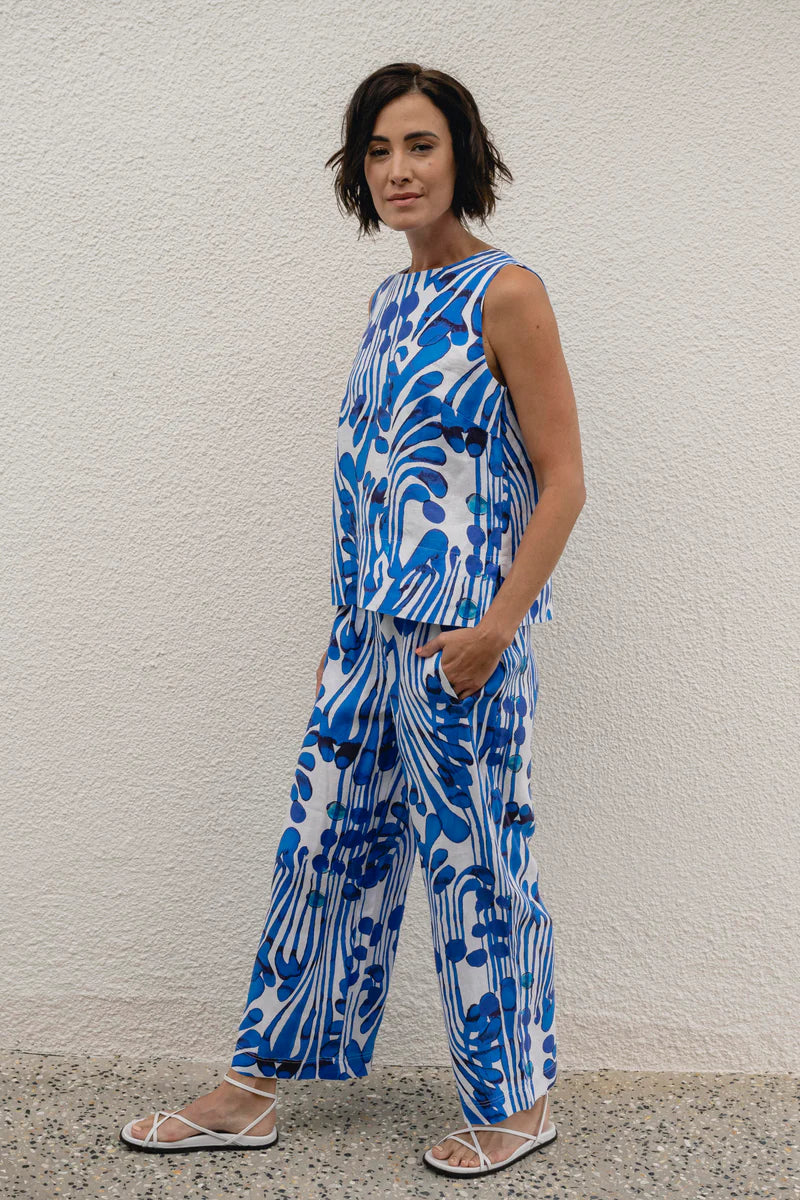 The Santorini Blue 7/8 Wide Leg Pants by See Saw are available at Rawspice Boutique.