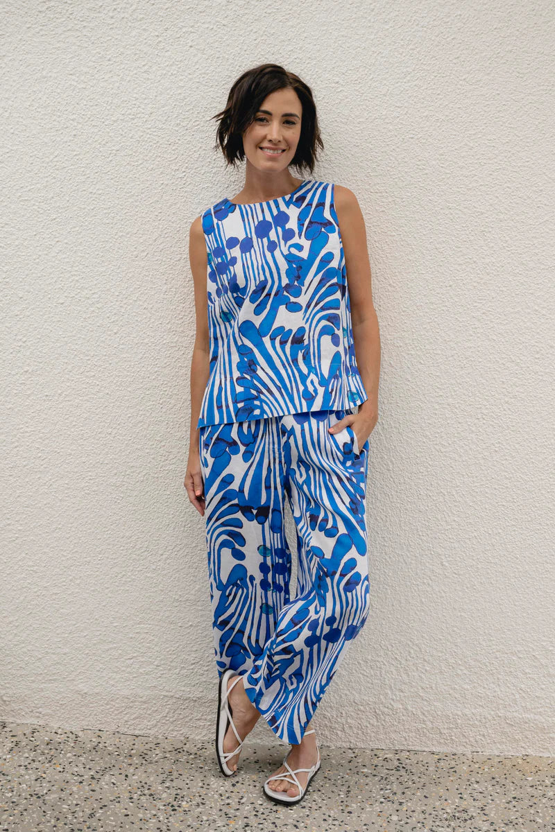 The Santorini Blue 7/8 Wide Leg Pants by See Saw are available at Rawspice Boutique.