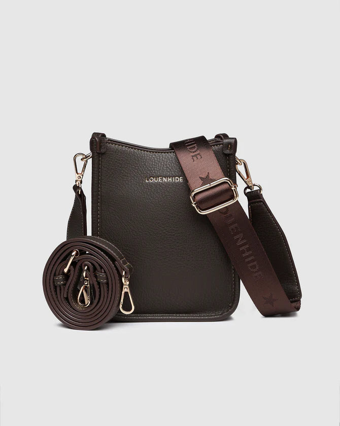 The Chocolate Parker Phone Crossbody Bag for travelling by LOUENHIDE from the front