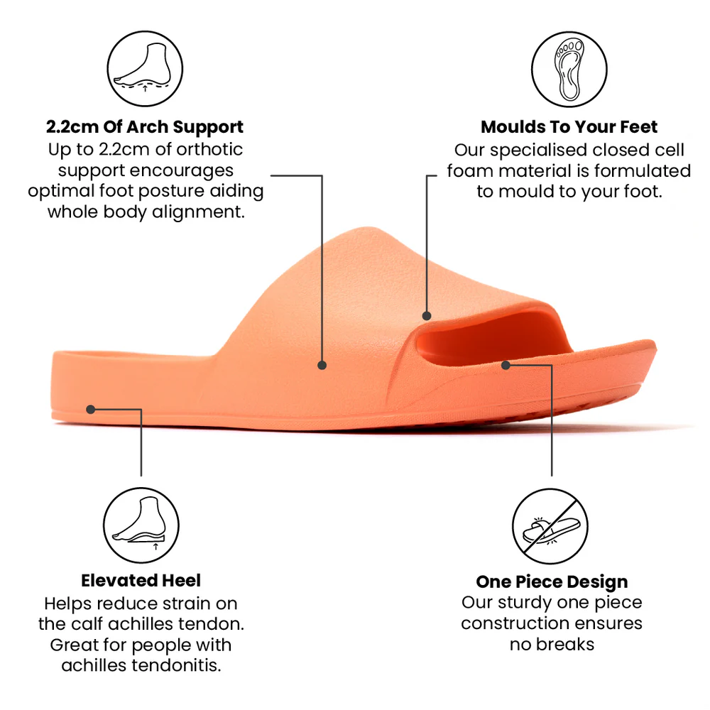 A pair of peach arch support slides with contoured footbeds and wide straps, designed for comfort and all-day wear.