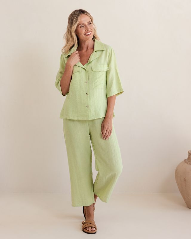 Pistachio linen-rayon drawstring pants with relaxed straight-leg fit and adjustable waist for comfortable everyday wear.