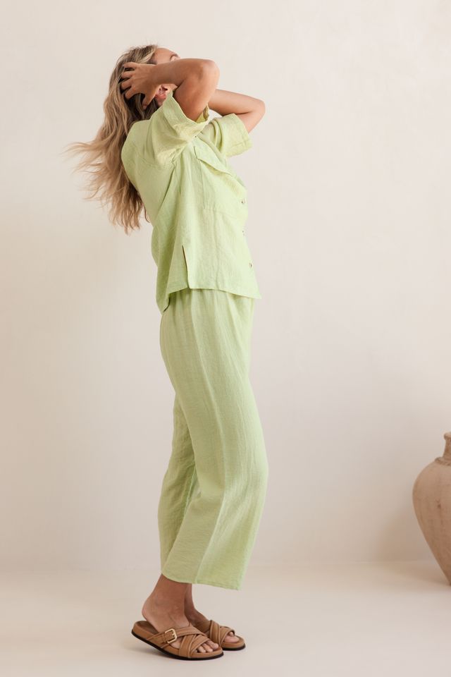 Pistachio linen-rayon drawstring pants with relaxed straight-leg fit and adjustable waist for comfortable everyday wear.