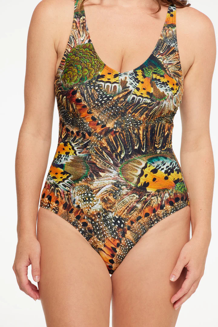 A woman close up modelling The Zambia V Neck Plunge One Piece Swimwear With Tummy Control by TOGS