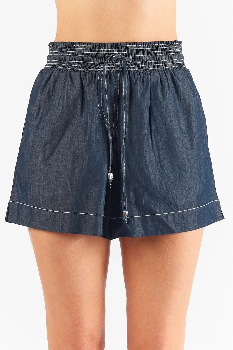 Pula Shorts in white and denim, featuring an elasticated waistband and side pockets.