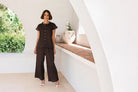 Elastic Waist Wide Leg Ramie Pant in espresso, featuring a relaxed wide-leg silhouette, elastic drawstring waist and lightweight, breathable fabric.