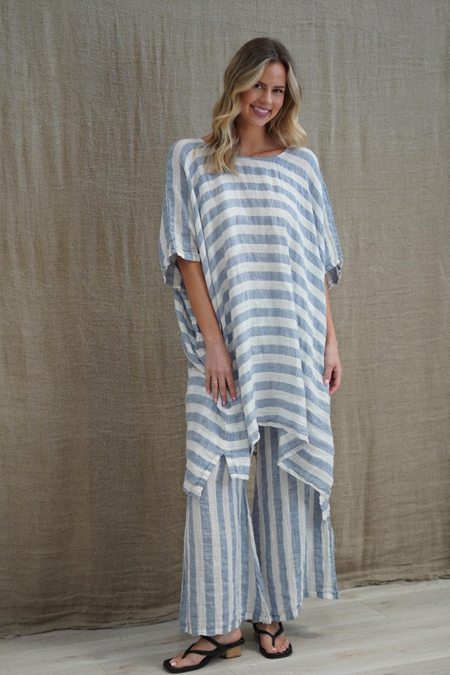 Rosa Elasticated Sleeves Kaftan in cornflower blue with white stripes, made from 100% plain and mesh linen. Features a relaxed silhouette, breathable fabric, and elasticated sleeves, evoking a sophisticated coastal vibe.