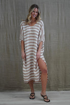 Rosa Elasticated Sleeves Kaftan in antique rust with white stripes, made from 100% plain and mesh linen. Features a relaxed silhouette, breathable fabric, and elasticated sleeves, evoking a sophisticated coastal vibe.