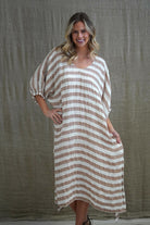 Rosa Elasticated Sleeves Kaftan in antique rust with white stripes, made from 100% plain and mesh linen. Features a relaxed silhouette, breathable fabric, and elasticated sleeves, evoking a sophisticated coastal vibe.