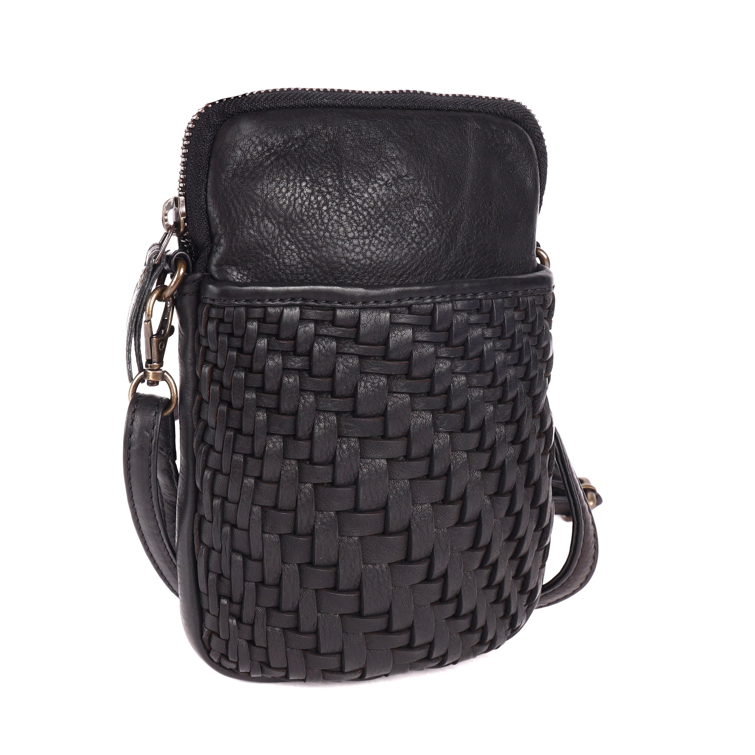 Rugged Hide Rosebery Phone Bag, a minimalist leather bag with a top zip closure, front sleeve pocket featuring a woven design, and an adjustable, removable long strap.