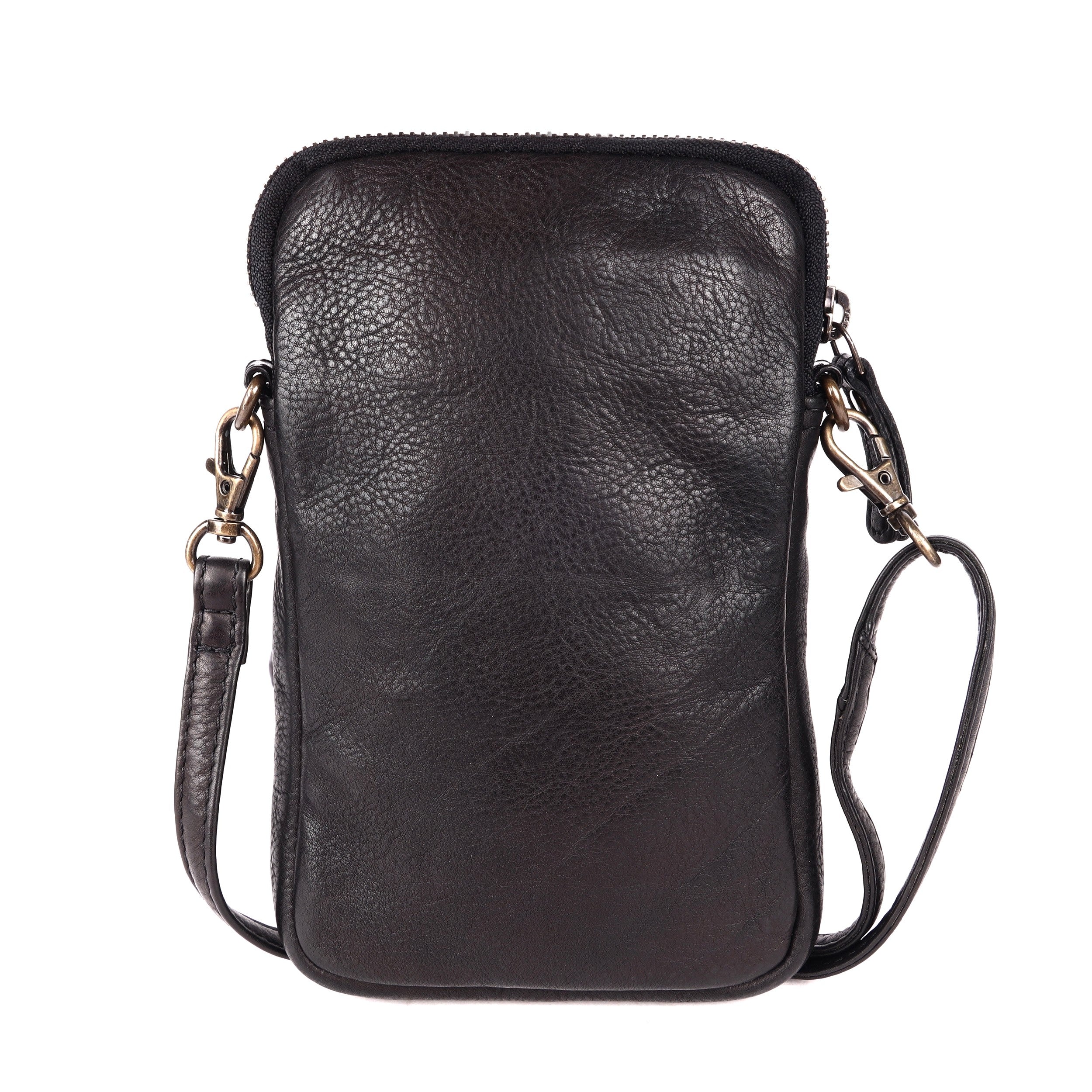 Rugged Hide Rosebery Phone Bag, a minimalist leather bag with a top zip closure, front sleeve pocket featuring a woven design, and an adjustable, removable long strap.