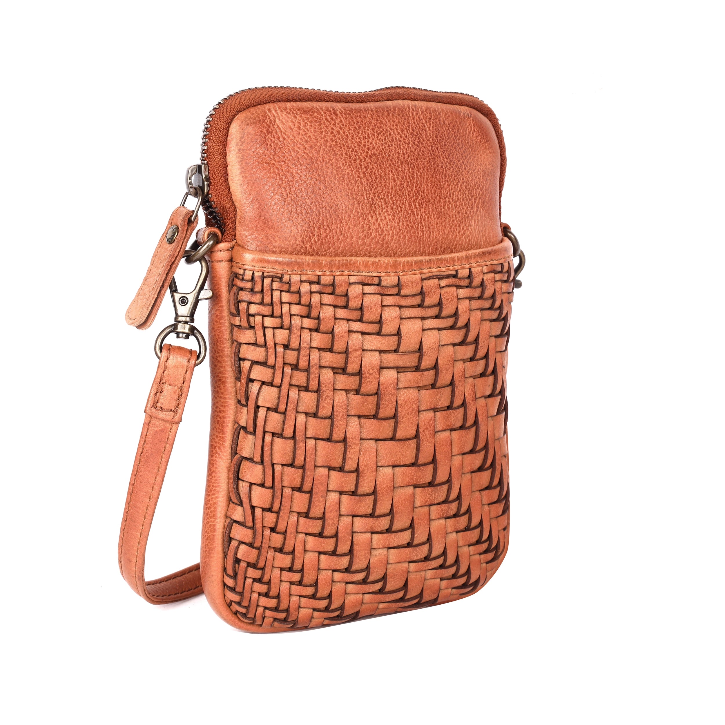 Rugged Hide Rosebery Phone Bag, a minimalist leather bag with a top zip closure, front sleeve pocket featuring a woven design, and an adjustable, removable long strap.