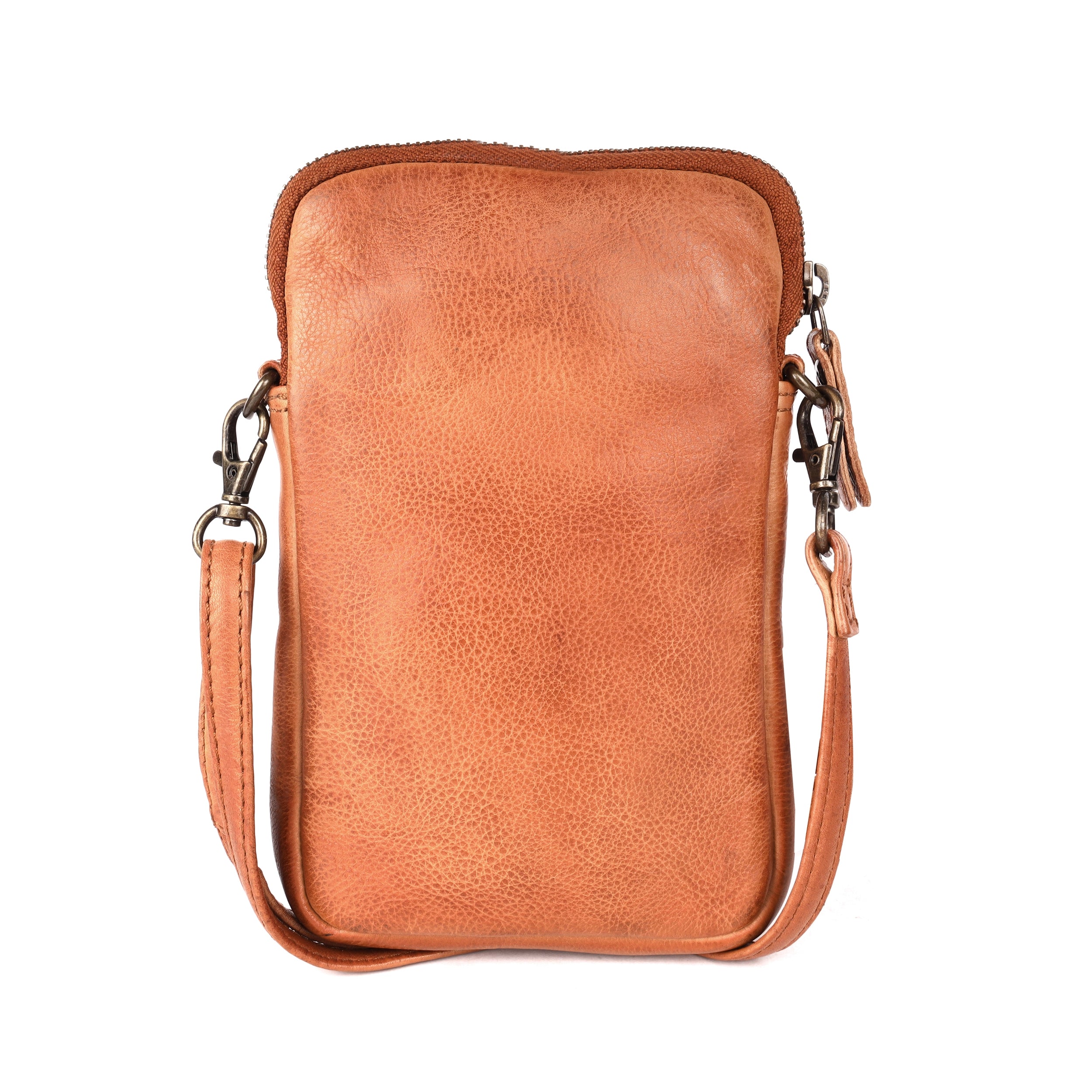 Rugged Hide Rosebery Phone Bag, a minimalist leather bag with a top zip closure, front sleeve pocket featuring a woven design, and an adjustable, removable long strap.
