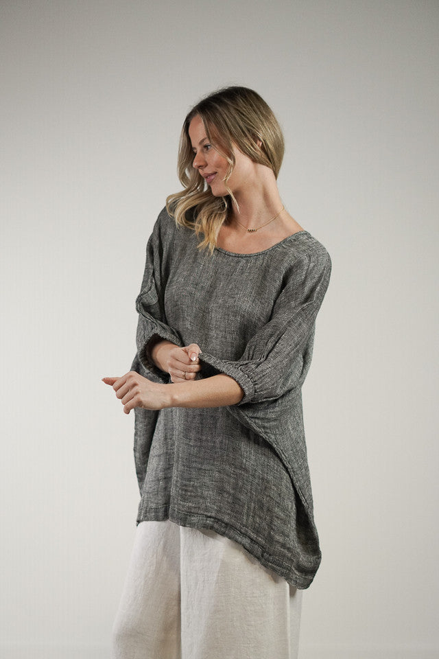 Black and white woven Rosetta linen top with a relaxed fit, breathable mesh texture and soft stonewashed finish.