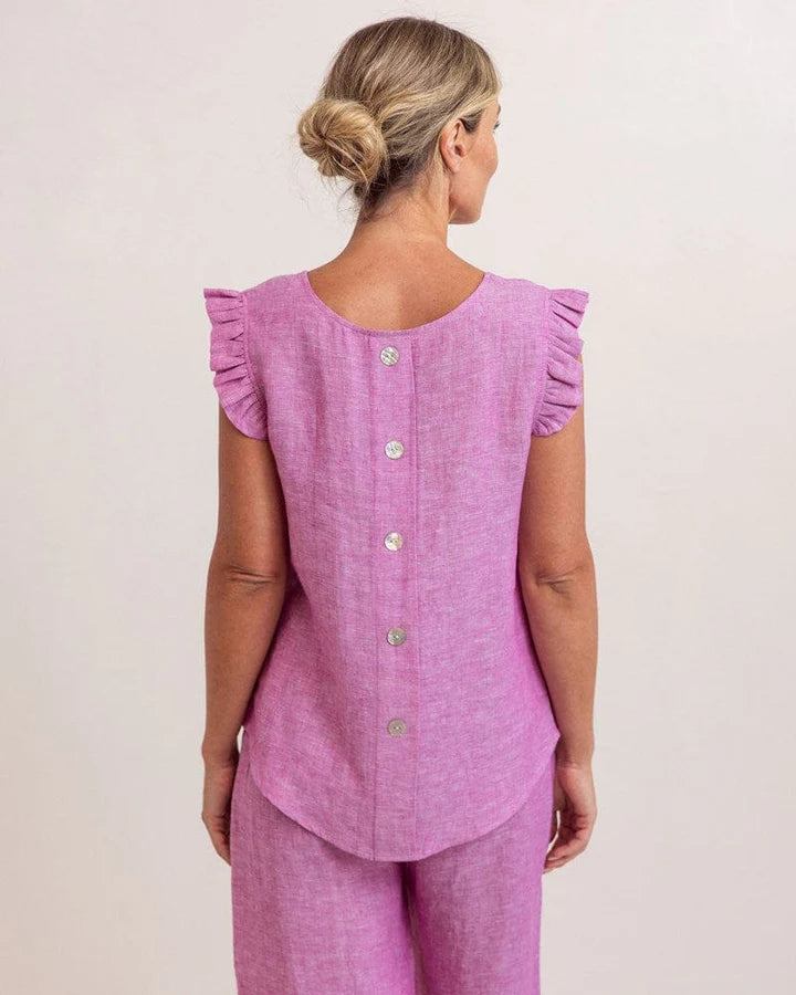 See Saw women’s top in raspberry, featuring soft ruffle sleeves and a decorative button-back design made from a linen-viscose blend.