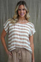 The Antique Rust & White Stripes Carina Box Top by Rustic Linen is available at Rawspice Boutique.