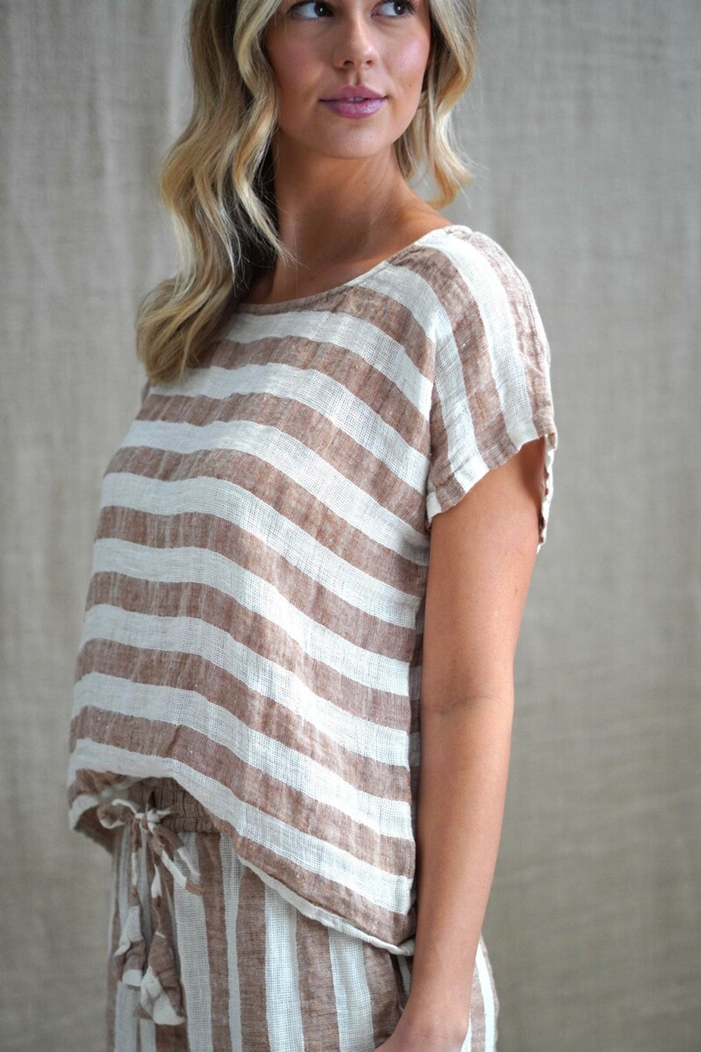 The Antique Rust & White Stripes Carina Box Top by Rustic Linen is available at Rawspice Boutique.