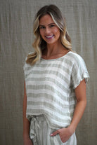 The Sage & White Stripes Carina Box Top by Rustic Linen is available at Rawspice Boutique.