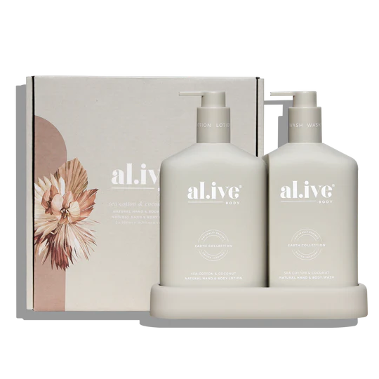 Alive Sea Cotton & Coconut Hand & Body Duo in Illuminated White featuring a 500ml hand and body wash and 500ml hand and body lotion in interlocking bottles with a matching tray.
