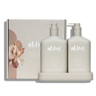 Alive Sea Cotton & Coconut Hand & Body Duo in Illuminated White featuring a 500ml hand and body wash and 500ml hand and body lotion in interlocking bottles with a matching tray.
